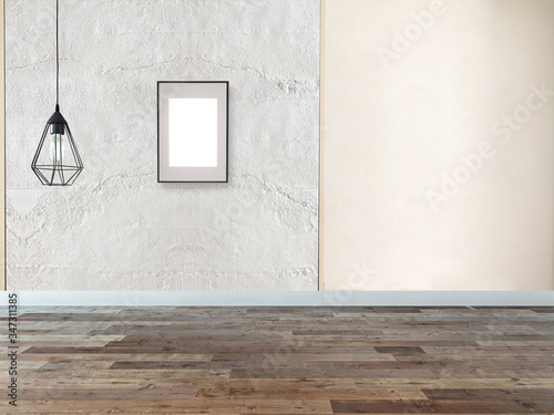empty living room interior decoration modern lamp and wooden floor  stone wall concept. decorative background for home  office  hotel. 3D illustration