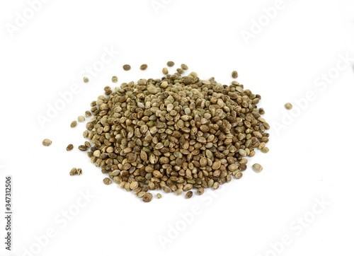 Hemp seeds on white background. Super food hemp seed.
