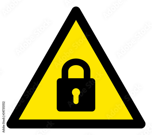 Vector lock flat warning sign. Triangle icon uses black and yellow colors. Symbol style is a flat lock attention sign on a white background. Icons designed for careful signals, road signs,