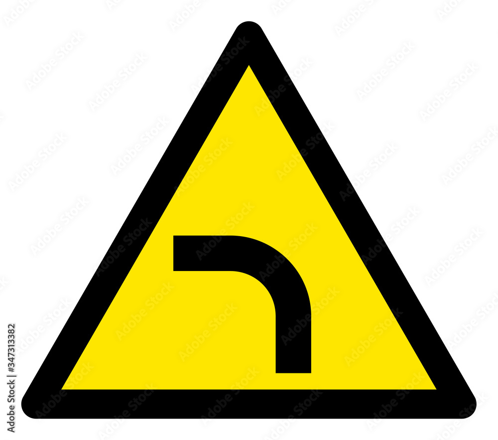 Vector left turn flat warning sign. Triangle icon uses black and yellow colors. Symbol style is a flat left turn attention sign on a white background. Icons designed for caution signals, road signs, Vector left turn flat warning sign. Triangle icon uses black and yellow colors. Symbol style is a flat left turn attention sign on a white background. Icons designed for caution signals, road signs,