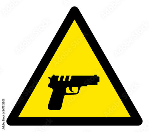 Vector gun flat warning sign. Triangle icon uses black and yellow colors. Symbol style is a flat gun hazard sign on a white background. Icons designed for caution signals, road signs, safety purposes.