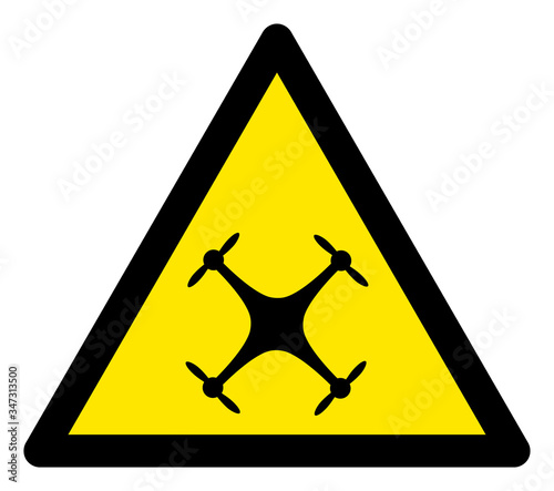 Vector quadrocopter flat warning sign. Triangle icon uses black and yellow colors. Symbol style is a flat quadrocopter hazard sign on a white background. Icons designed for careful signals,