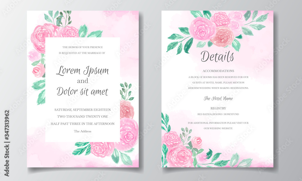 Wedding invitation card with beautiful floral watercolor