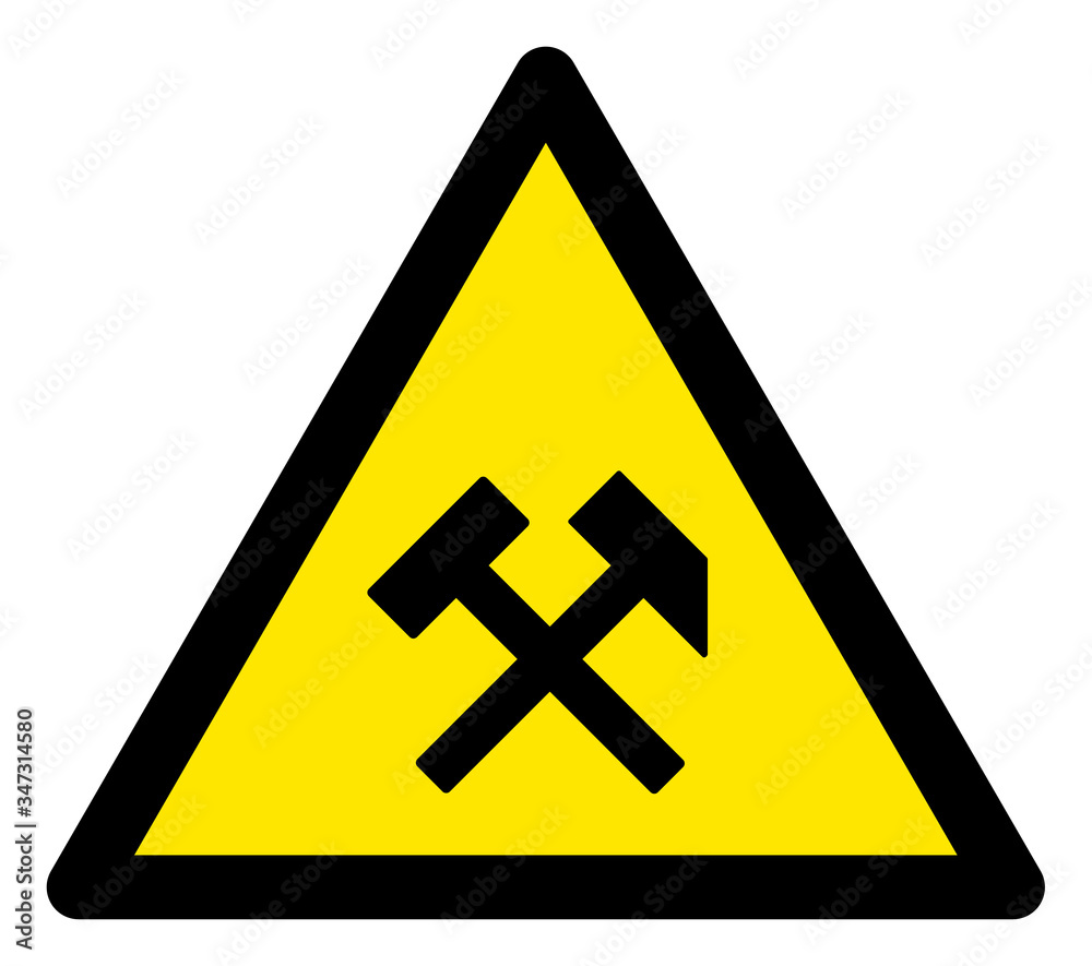Vector job hammers flat warning sign. Triangle icon uses black and yellow colors. Symbol style is a flat job hammers hazard sign on a white background. Icons designed for careful signals, road signs, Vector job hammers flat warning sign. Triangle icon uses black and yellow colors. Symbol style is a flat job hammers hazard sign on a white background. Icons designed for careful signals, road signs,