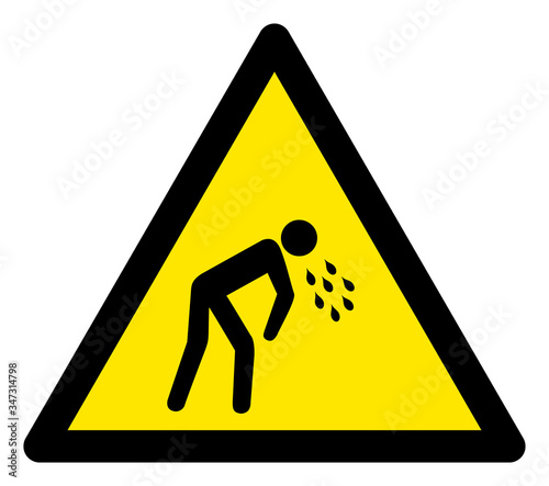Vector vomit flat warning sign. Triangle icon uses black and yellow colors. Symbol style is a flat vomit attention sign on a white background. Icons designed for problem signals, road signs,