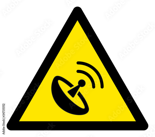 Vector space antenna flat warning sign. Triangle icon uses black and yellow colors. Symbol style is a flat space antenna attention sign on a white background. Icons designed for careful signals,