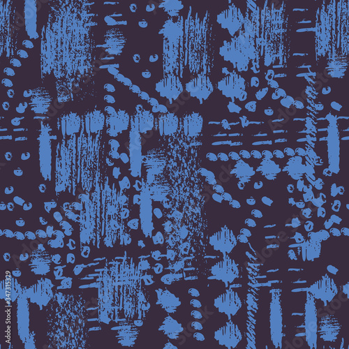 Abstract ethnic seamless vector pattern in blue and purple. Interesting decorative textural surface print design. For backgrounds, fabrics, stationery, and packaging.