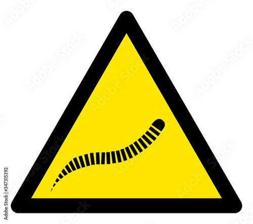 Vector parasite worm flat warning sign. Triangle icon uses black and yellow colors. Symbol style is a flat parasite worm hazard sign on a white background. Icons designed for careful signals,