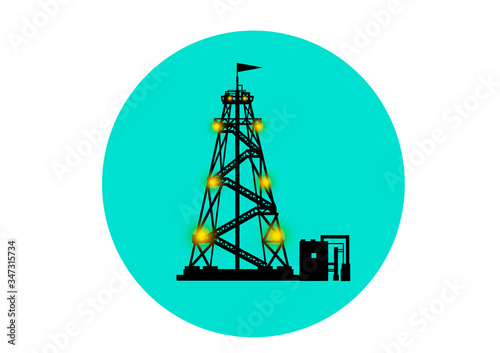 Silhouette of an oil derrick. Concept - a sign denotes the extraction of petroleum products. Concept - situation in the fuel market. Symbol of oil production in a turquoise circle. Hydrocarbons.