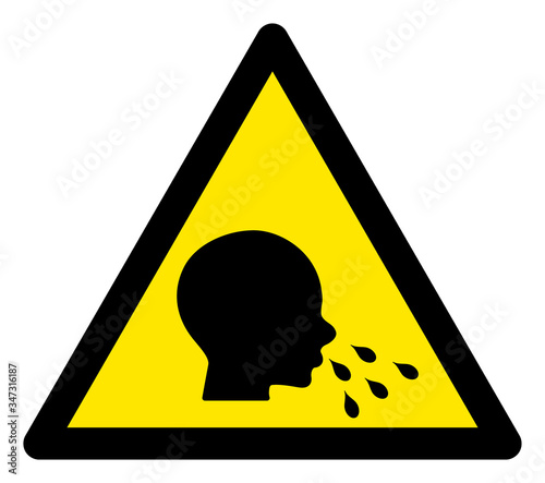 Vector sneezing patient flat warning sign. Triangle icon uses black and yellow colors. Symbol style is a flat sneezing patient hazard sign on a white background. Icons designed for careful signals,