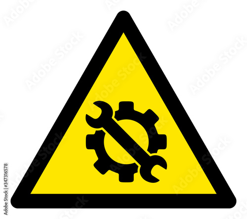 Vector repair tools flat warning sign. Triangle icon uses black and yellow colors. Symbol style is a flat repair tools attention sign on a white background. Icons designed for careful signals,