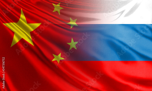 Flag of China and Russia nearby. Flag of the Peoples Republic of China goes to Russian. Concept - relationship PRC and Russia. Russian Federation. International relationships. Moscow. Beijing.