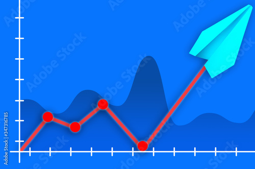 Graph indicators soared. Concept - rise of value. Graph symbolizes a sharp increase. Paper plane shows rise in inflation. Chart on a blue background. Fall turned into a sharp increase.