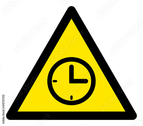 Vector clock flat warning sign. Triangle icon uses black and yellow colors. Symbol style is a flat clock hazard sign on a white background. Icons designed for caution signals, road signs,