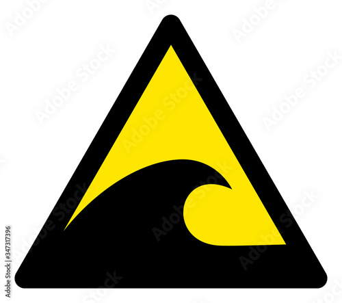 Vector tsunami flat warning sign. Triangle icon uses black and yellow colors. Symbol style is a flat tsunami hazard sign on a white background. Icons designed for caution signals, road signs,