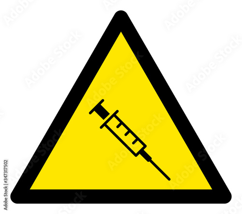 Vector syringe flat warning sign. Triangle icon uses black and yellow colors. Symbol style is a flat syringe attention sign on a white background. Icons designed for problem signals, road signs,