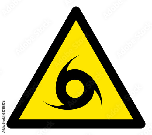 Vector hurricane flat warning sign. Triangle icon uses black and yellow colors. Symbol style is a flat hurricane hazard sign on a white background. Icons designed for problem signals, road signs,