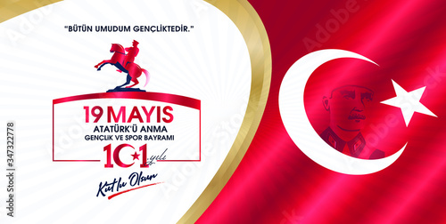 Milli Mücadelenin 101. Yılı, 19 Mayıs Atatürk'ü Anma, Gençlik ve Spor Bayramı Kutlu Olsun. Tebrik Kartı. Translation: 19 may Commemoration of Ataturk, Youth and Sports Day, 101th Year. Greeting Card.