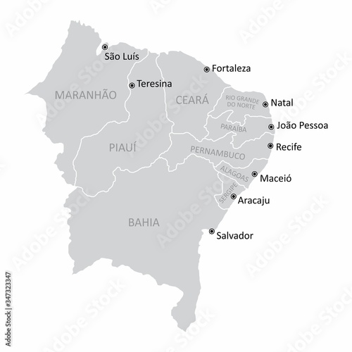 Map of the Brazil northeast region with the main cities isolated on white background