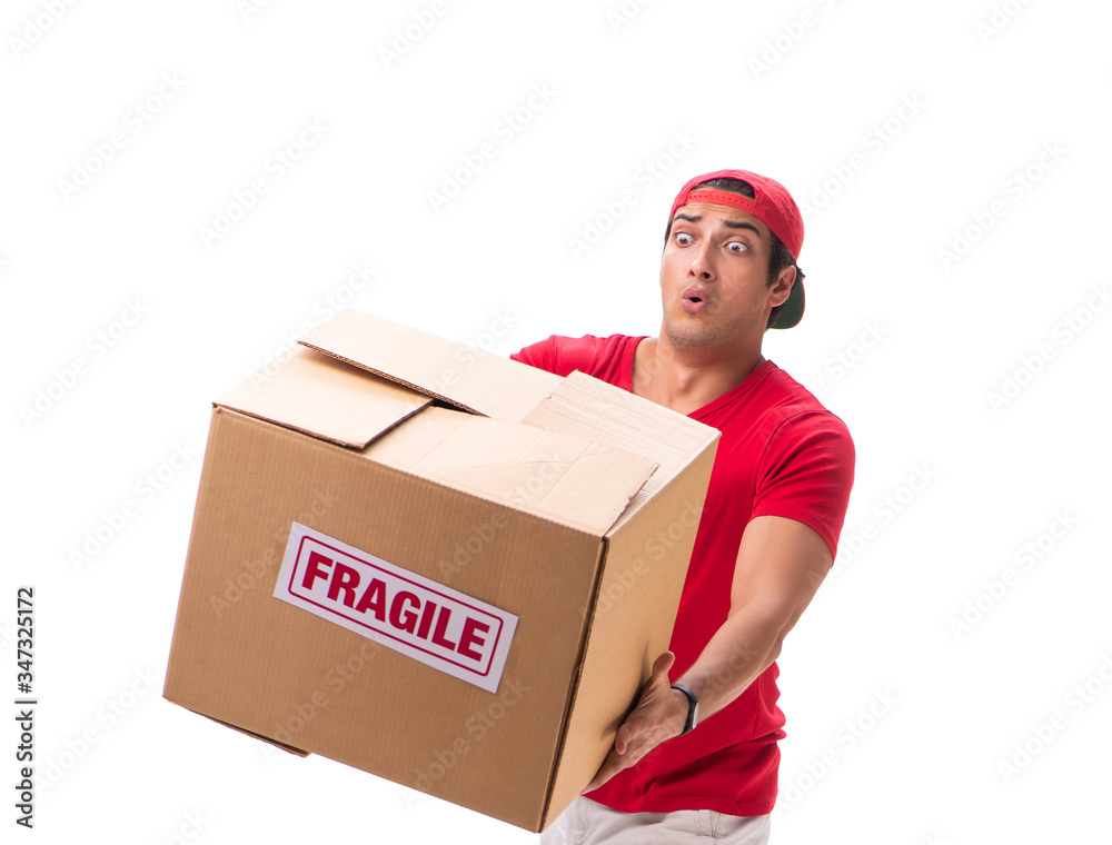 Handsome contractor holding fragile box isolated on white Handsome contractor holding fragile box isolated on white