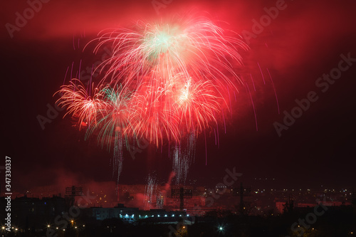 Beautiful fireworks display. Salute in honor of the Victory Day over the city.