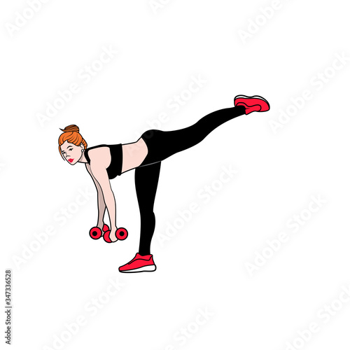 woman exercising with red dumbbells and shoes