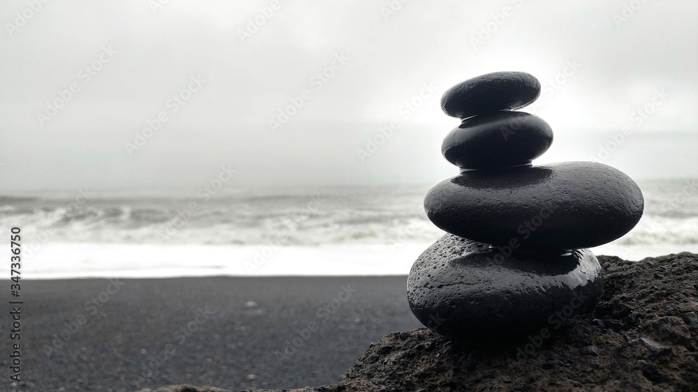 zen stack of stones on the Vik blackbeach, Iceland