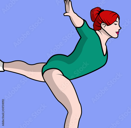 beautiful redhead gymnast woman with blue background