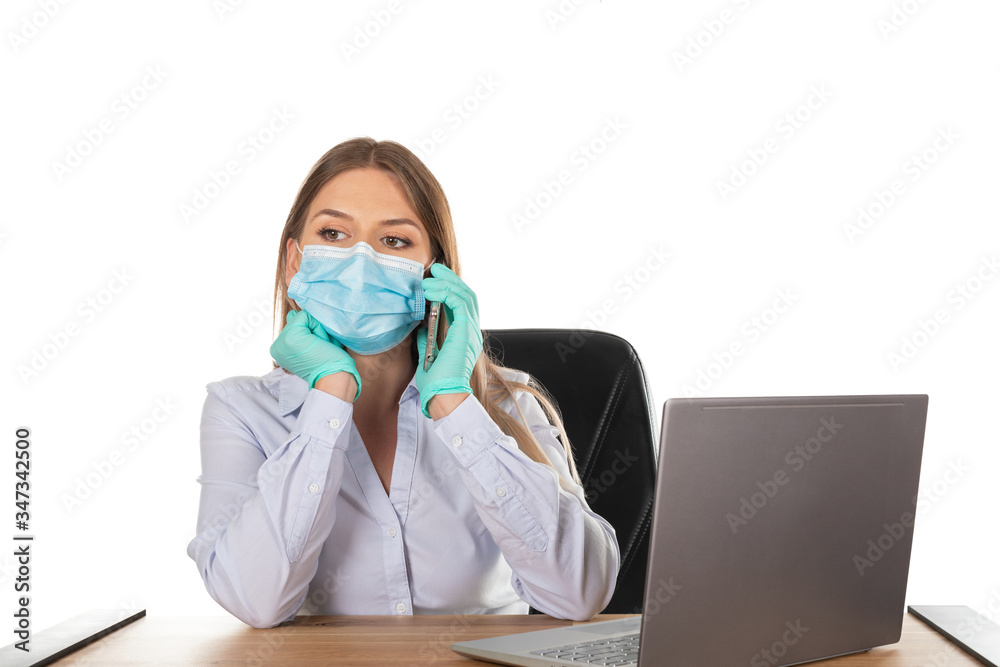 Business woman with mask at work - isolated Business woman with mask at work - isolated