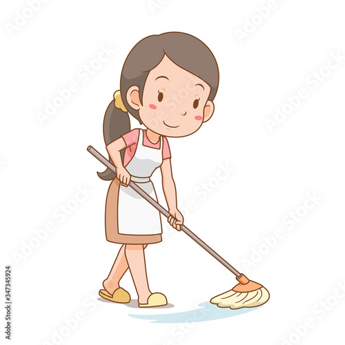 Cartoon character of housewife cleaning the floor.