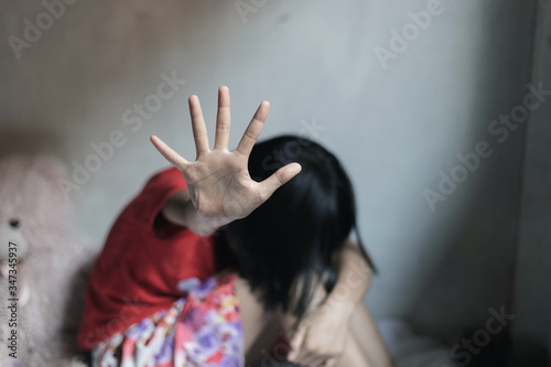 Valokuva Little girl showing stop hand for violence and abused children