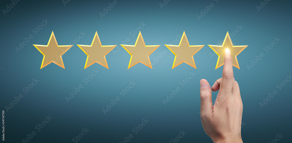 Hand of touching rise on increasing five stars. Increase rating evaluation classification concept Hand of touching rise on increasing five stars. Increase rating evaluation classification concept