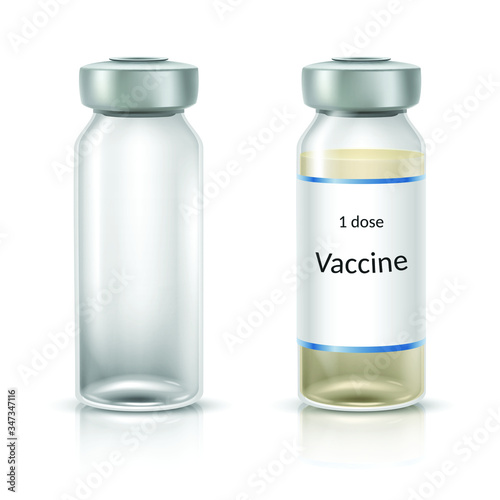 3d realistic vector medicine empty ampule and ampule with vaccine. Isolated on white background.