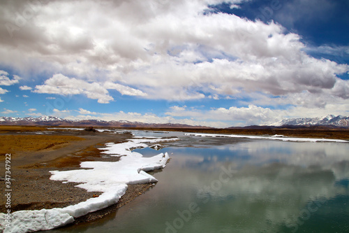 Landforms on the Qinghai-Tibet Plateau  under blue sky and white clouds  wetlands  grasslands  deserts and ice lakes interlace
