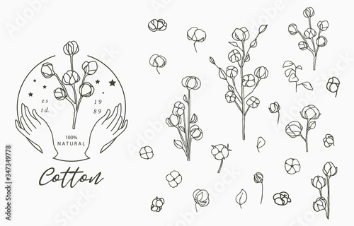 Black cotton logo collection with leaves,geometric.Vector illustration for icon,logo,sticker,printable and tattoo photo