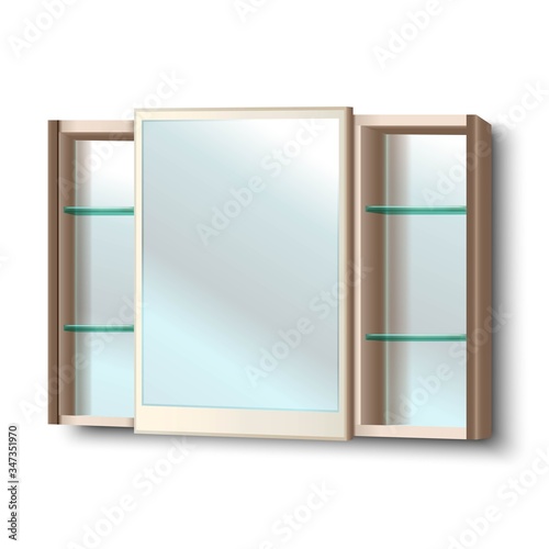 3d realistic vector bathroom mirror with shelves. Isolated on white.