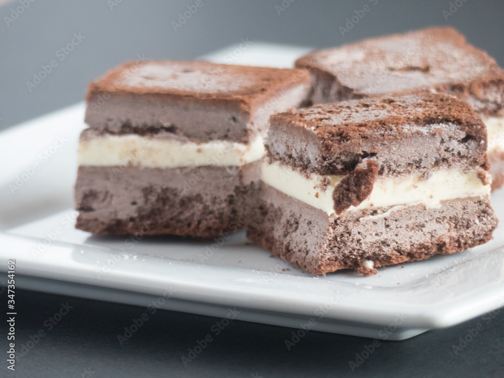 Homemade chocolate ice cream sandwiches cut into bite sized pieces Homemade chocolate ice cream sandwiches cut into bite sized pieces