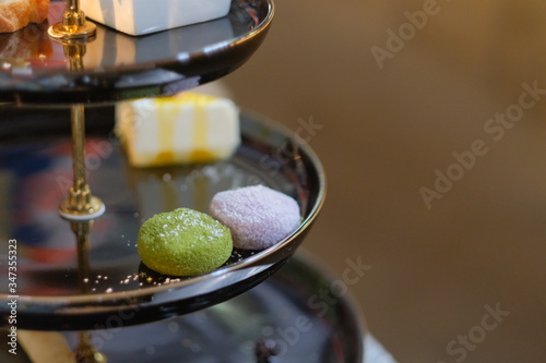 close up dessert on dessert tower. blur background
