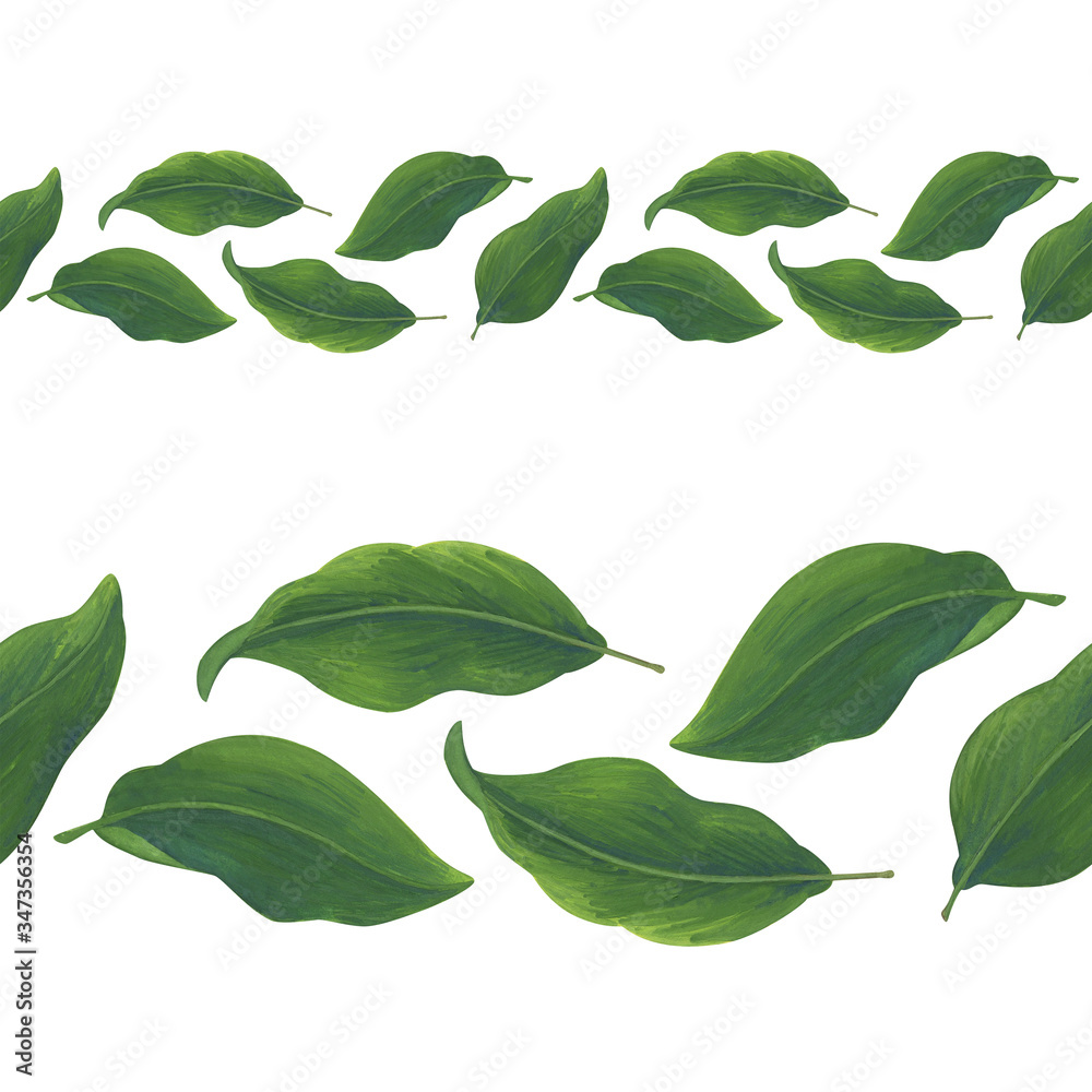 Juicy green leaves. Seamless border with gouache illustration. Horizontal natural pattern . Stock image on a white background. A bright ornamental print.