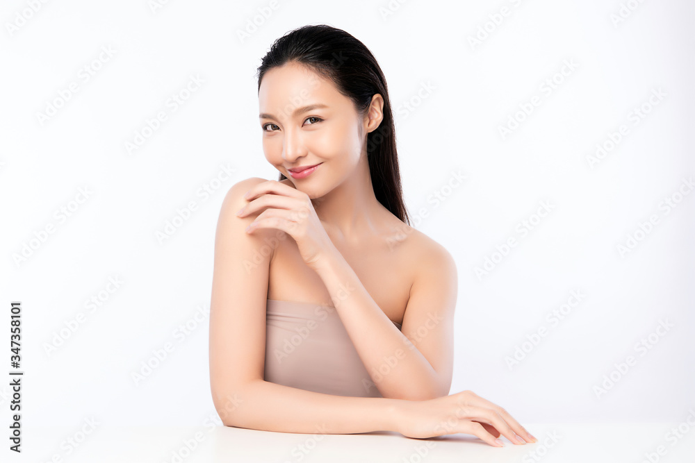 Beautiful Young Asian Woman with Clean Fresh Skin. Face care, Facial treatment, Cosmetology, beauty and healthy skin and cosmetic concept, woman beauty skin isolated on white background Beautiful Young Asian Woman with Clean Fresh Skin. Face care, Facial treatment, Cosmetology, beauty and healthy skin and cosmetic concept, woman beauty skin isolated on white background