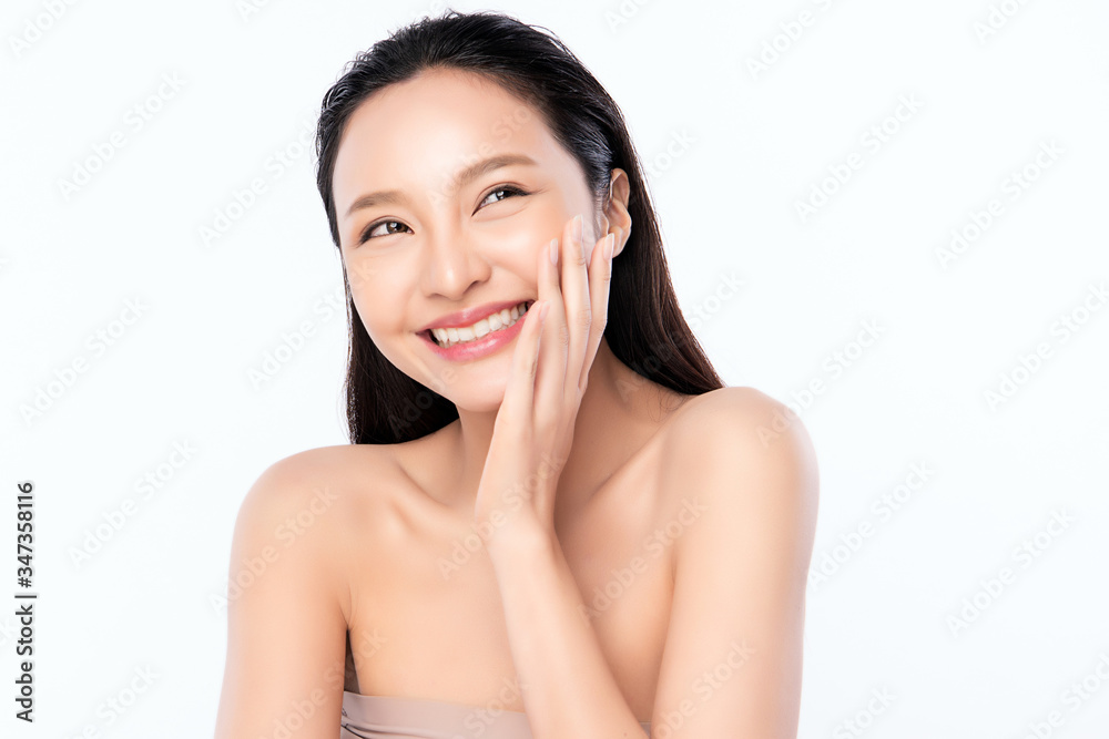 Beautiful Young Asian Woman with Clean Fresh Skin. Face care, Facial treatment, Cosmetology, beauty and healthy skin and cosmetic concept, woman beauty skin isolated on white background Beautiful Young Asian Woman with Clean Fresh Skin. Face care, Facial treatment, Cosmetology, beauty and healthy skin and cosmetic concept, woman beauty skin isolated on white background