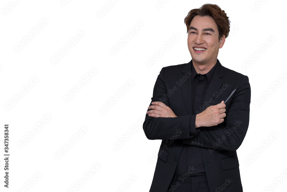 businessman in black suit holding white card on white background with clipping path businessman in black suit holding white card on white background with clipping path