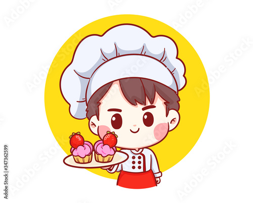 Cute Bakery chef boy Holding  strawberry cake smiling cartoon art illustration logo. Premium Vector