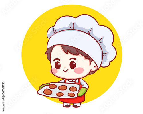 Cute  Bakery chef boy holding tray with fresh-baked cookies. Kid in chef hat and uniform. Cartoon Character cartoon art illustration. Premium Vector