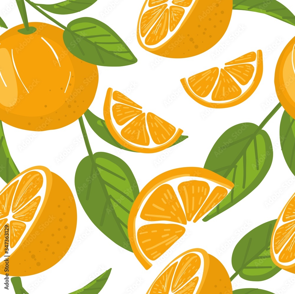 Tropical seamless pattern with oranges. Fruit repeated background. Vector bright print for fabric or wallpaper. Tropical seamless pattern with oranges. Fruit repeated background. Vector bright print for fabric or wallpaper.