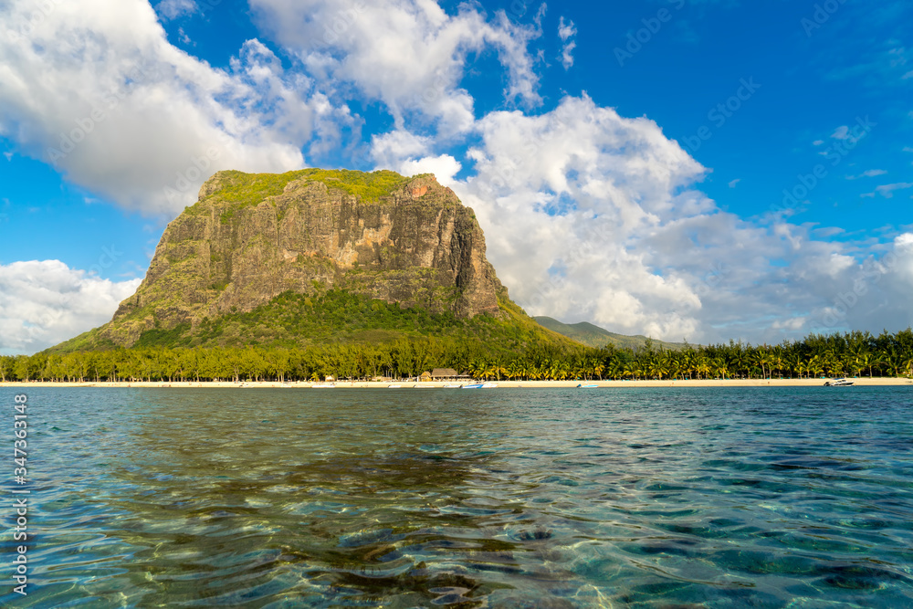 Scenic view of Le Morne mountain from the ocean side. Mauritius Island