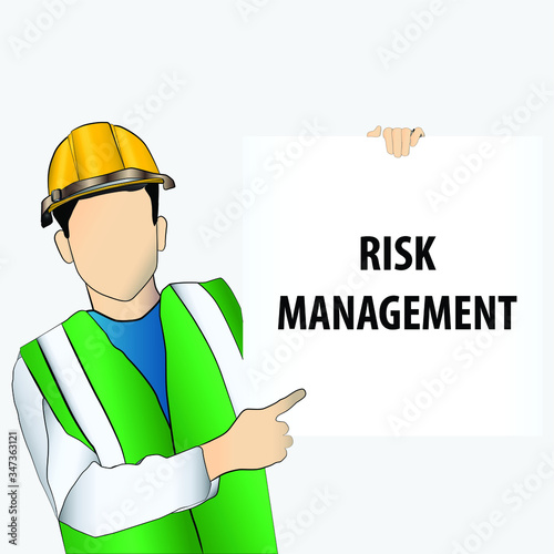 concept of business and marketing, worker holding white card with word RISK MANAGEMENT 