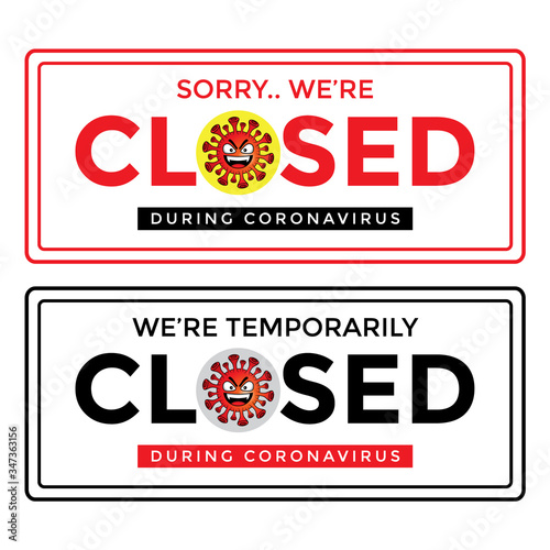 illustration of temporary closure due to a coronavirus outbreak, closed sign sticker