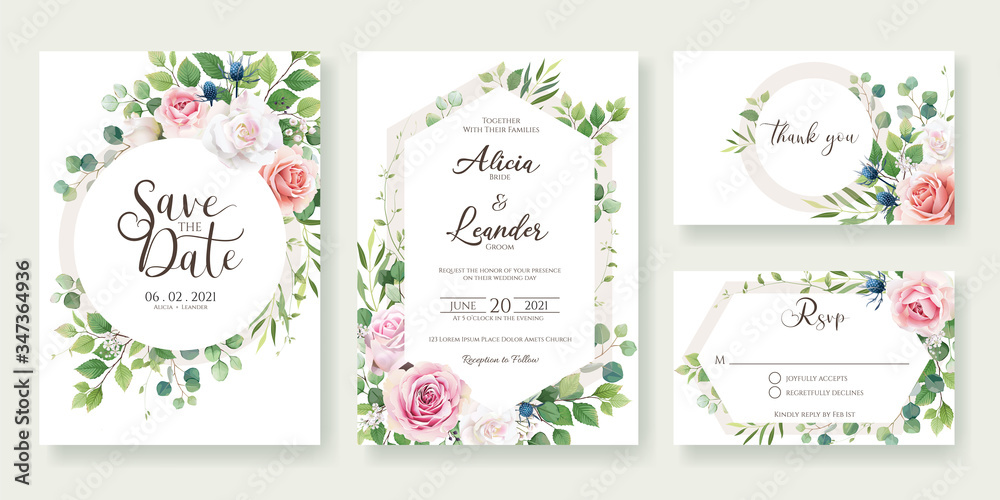 Wedding Invitation, save the date, thank you, rsvp card Design template. Vector. Roses flower with greenery.