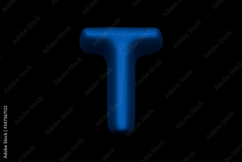 Glossy blue soft plastic alphabet - letter T isolated on black background, 3D illustration of symbols Glossy blue soft plastic alphabet - letter T isolated on black background, 3D illustration of symbols